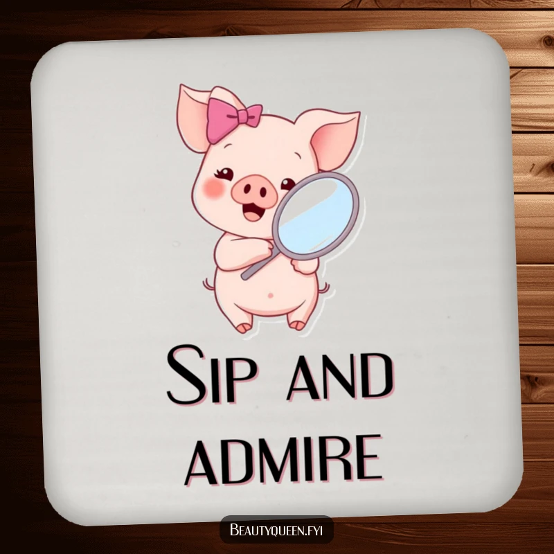 Funny piglet with a pink bow holding a mirror, smiling at its reflection, featured as a cute and protective drink coaster.