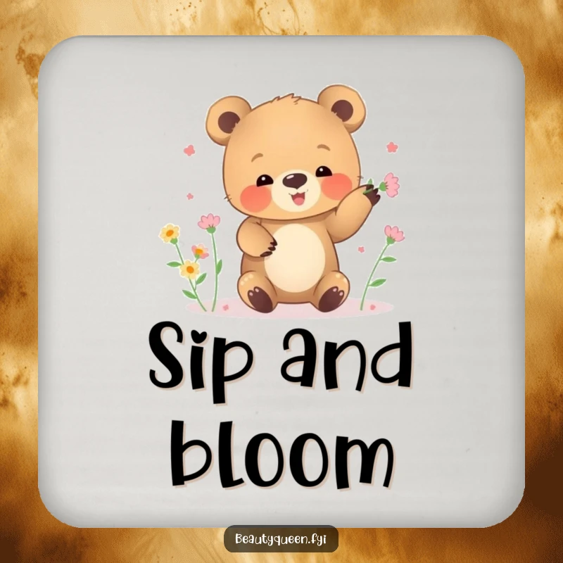 Funny coaster depicting a small bear cub clumsily juggling tiny blooming flowers.