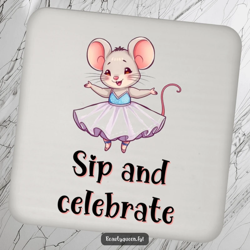 Funny mouse drink coasters featuring a tiny mouse in a dazzling ballgown, joyfully twirling, ideal for whimsical table protection.