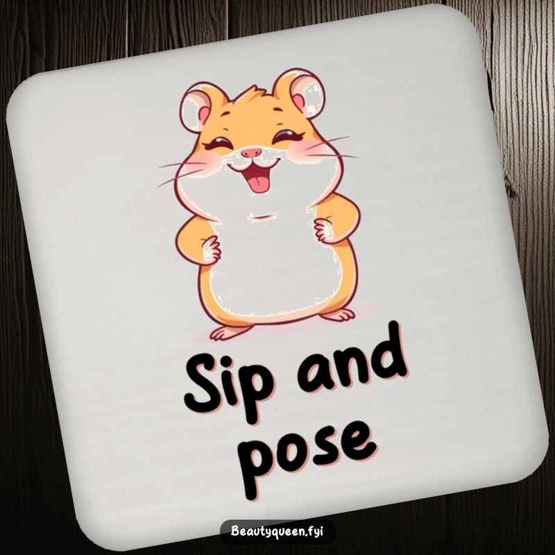 Funny hamster coasters with a giggling hamster striking a pose with paws on hips, protecting tables with playful charm and infectious humor.