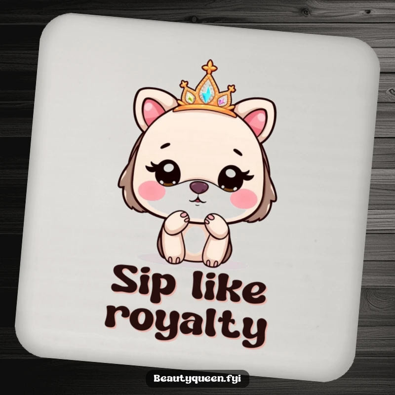 Funny coaster featuring a cute animal wearing a sparkly tiara, blowing a kiss goodbye, protecting surfaces with charm.