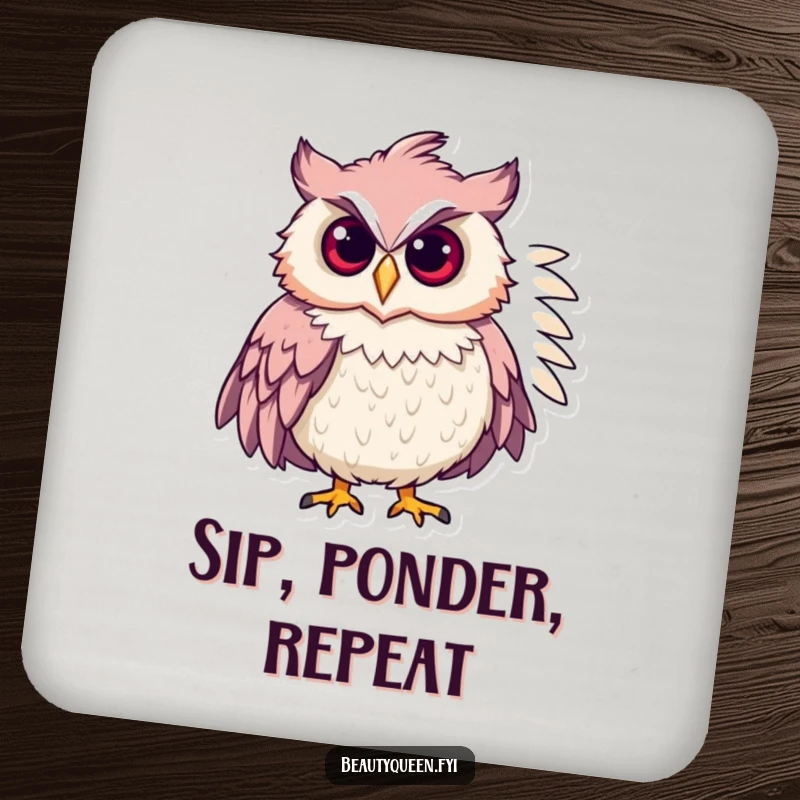 Funny chic owl wearing a feathered boa, striking a confident pose on a decorative drink coaster.