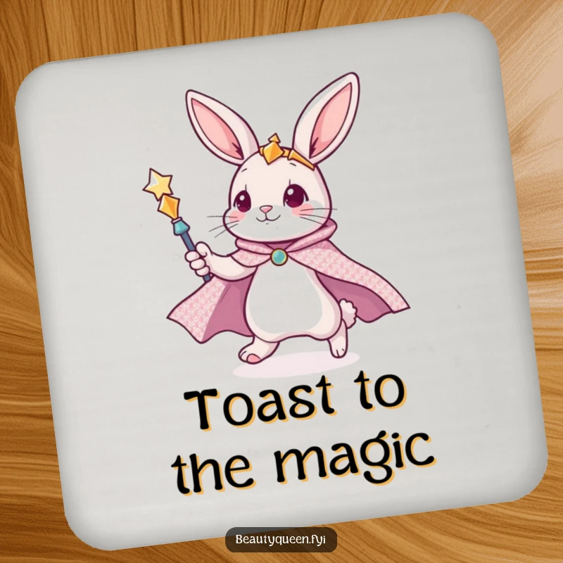 Funny bunny drink coaster featuring a cute bunny in a glittering cape, zooming with a scepter.