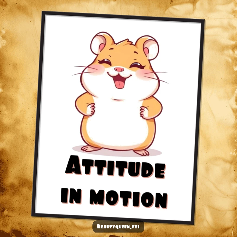 Funny hamster poster showing a giggling hamster striking a confident pose with paws on hips, adding cheerful, humorous, and playful art to walls.