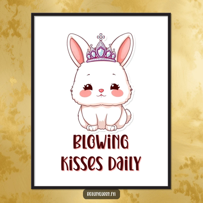 Funny rabbit poster featuring a fluffy bunny in a sparkling tiara, blowing a kiss with rosy cheeks, delightful wall art.