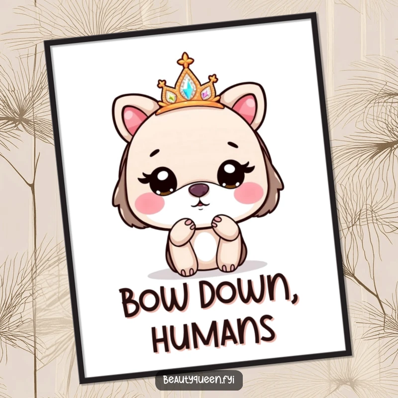 Funny poster of a cute animal in a sparkly tiara, blowing a kiss goodbye, adding a touch of regal whimsy.