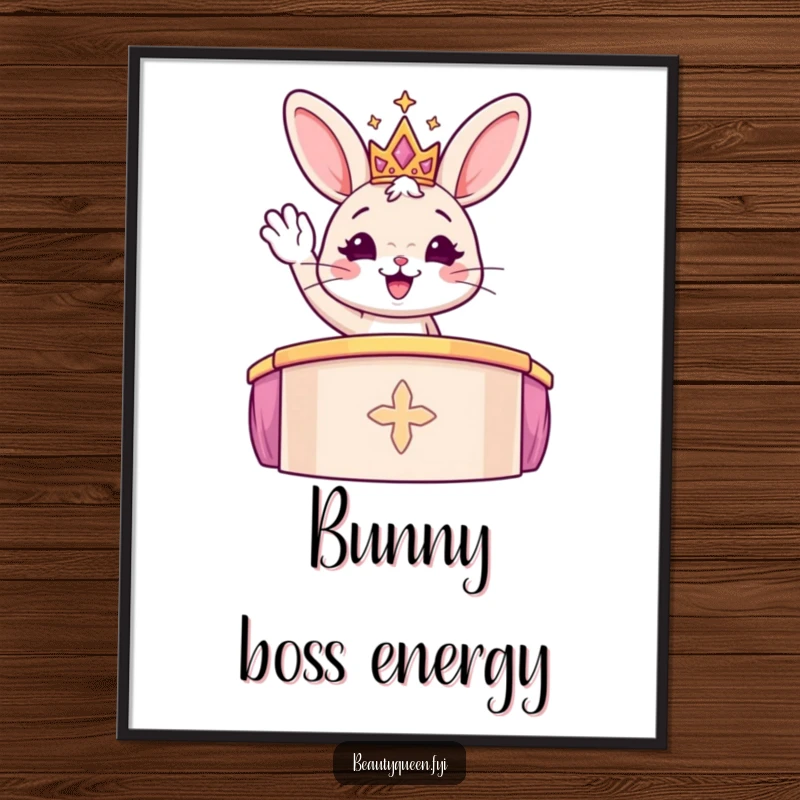 Funny cheerful bunny in a sparkly tiara waving from a podium, displayed as a vibrant wall poster.