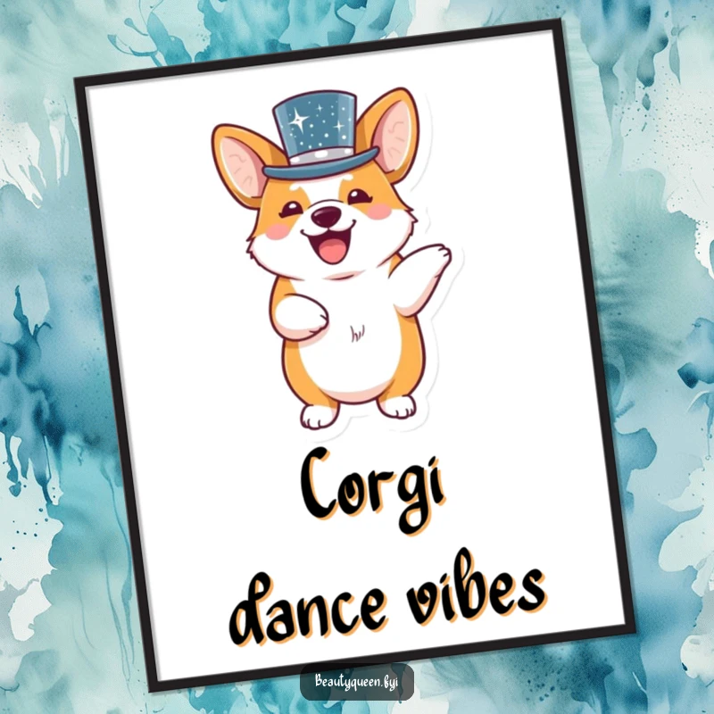 Funny giggling corgi in a sparkling hat performing a joyful dance, captured as vibrant wall art.