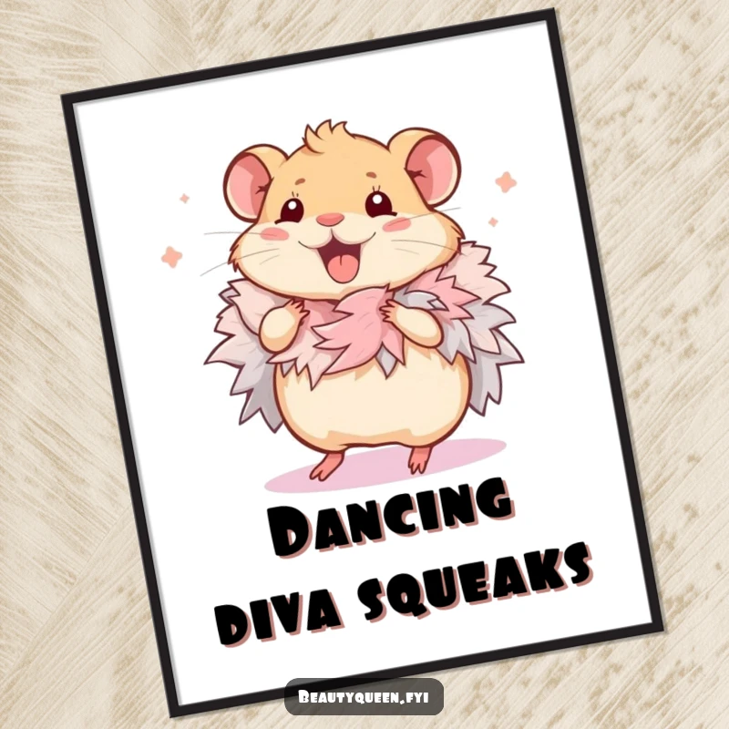Funny Hamster Poster: Artistic print of a squeaking hamster wearing a feathered boa, doing a happy little dance, full of zest.
