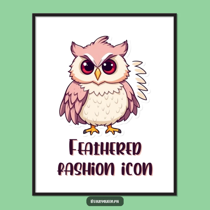 Funny Chic Owl Poster: Elegant Feathered Boa Fashionista Wall Art, Perfect Gift!