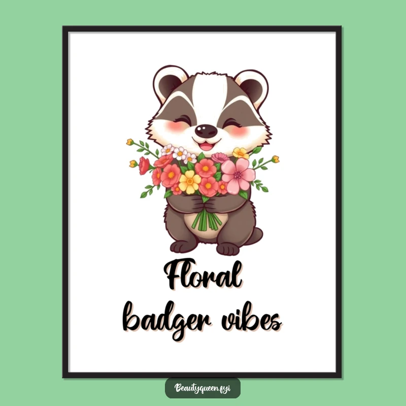 Funny Happy Badger Flower Poster - Cheerful Wall Art for a Brighter Space