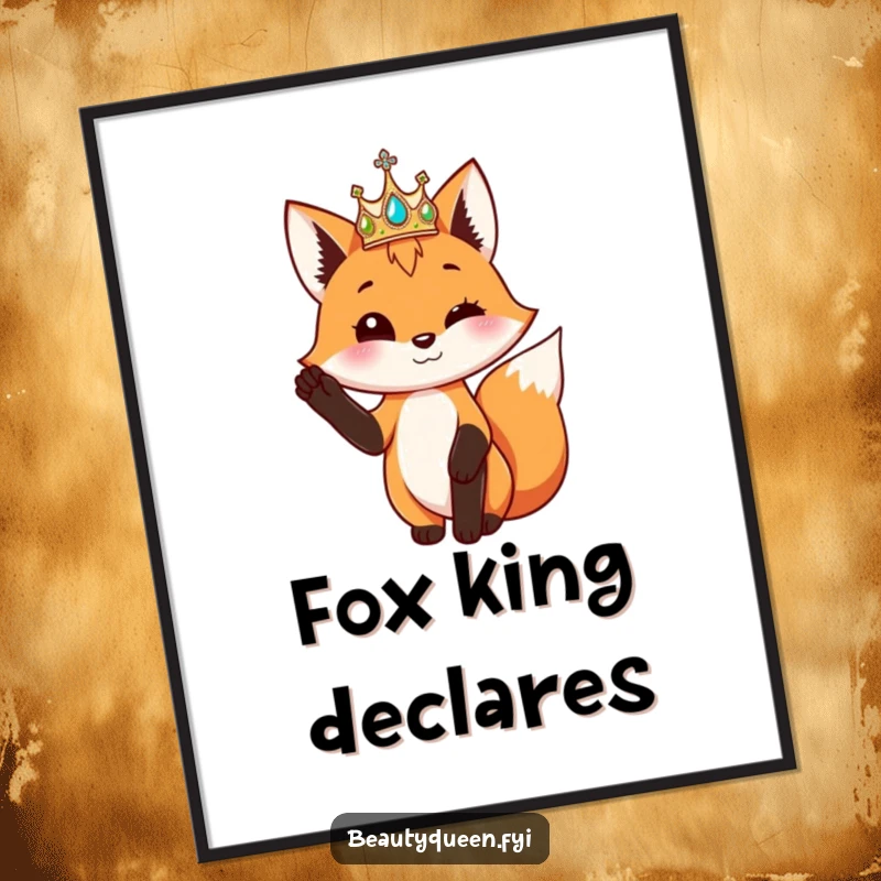 Funny playful fox wearing a shimmering crown poses elegantly with one paw raised, as a wall poster.