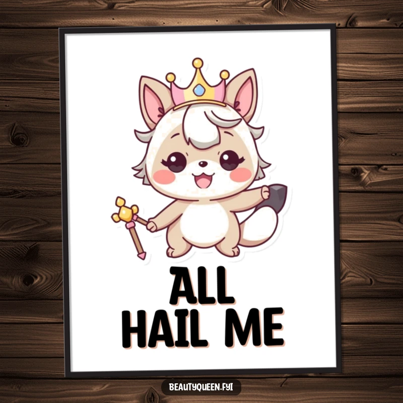 Funny poster of a smiling animal character wearing a crown and holding a scepter, showcasing majestic, regal vibes.