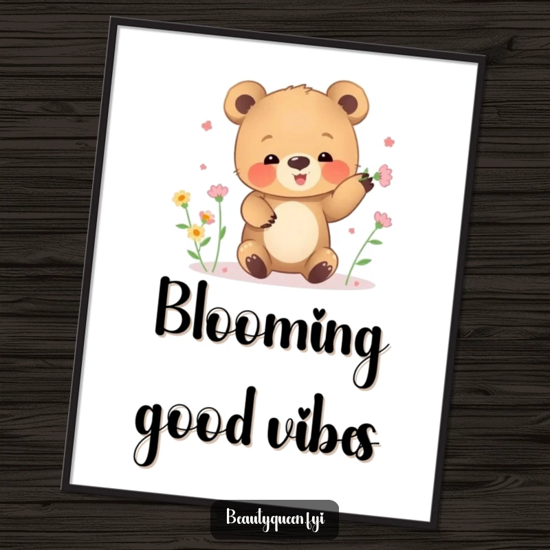 Funny poster art of a small bear cub attempting to juggle tiny blooming flowers.