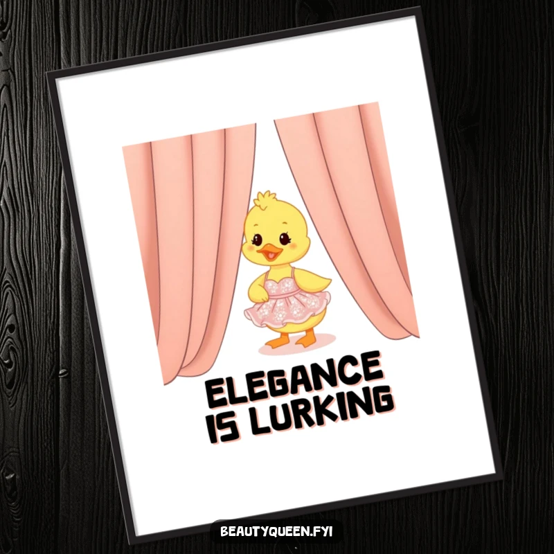 Funny duckling in an elegant shimmering dress peeking out from behind a draped curtain, whimsical wall art.