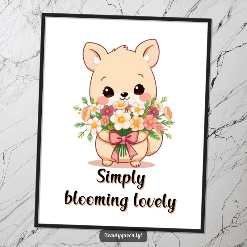 Funny poster of an adorable animal holding a bouquet of flowers, tied with an elegant, regal bow.