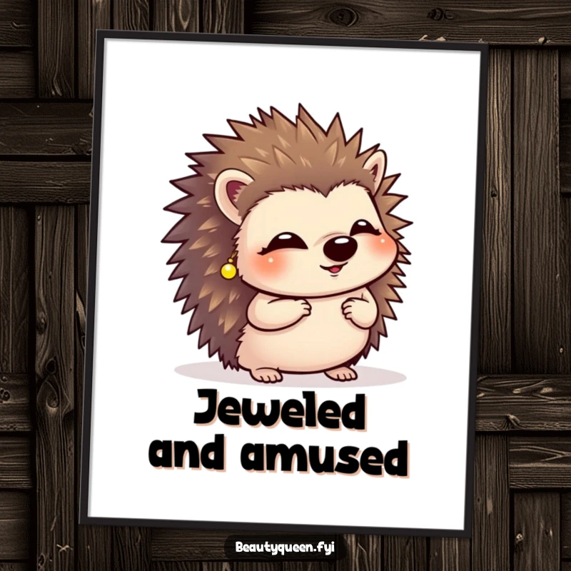 Funny giggling hedgehog wearing tiny earrings, mid-curtsy on a charming and humorous wall art poster.