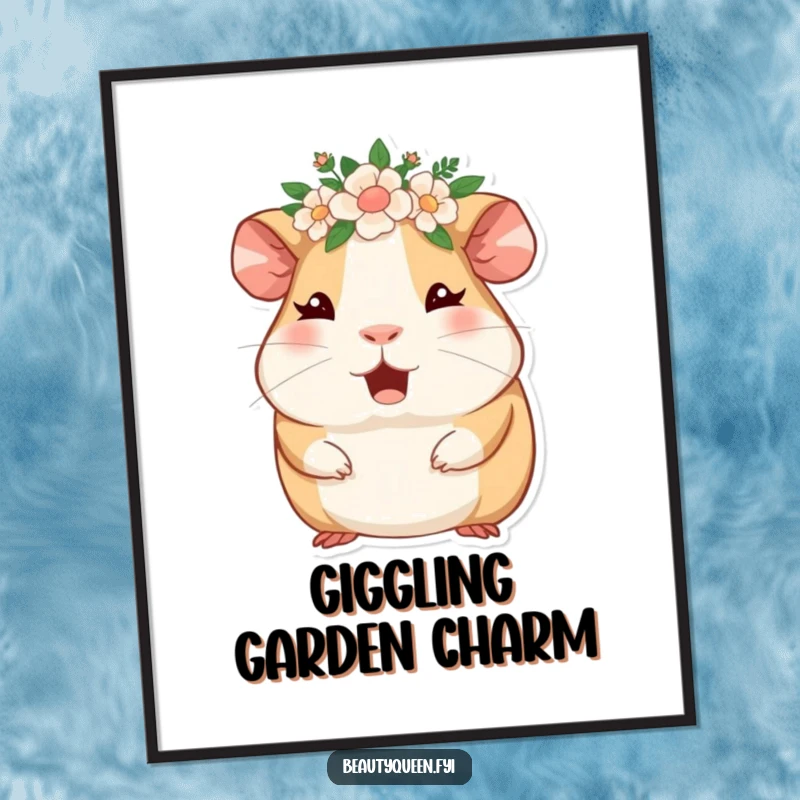 Funny guinea pig wearing a floral crown, winking and giggling, a charming illustration for wall art. Adorable and humorous.