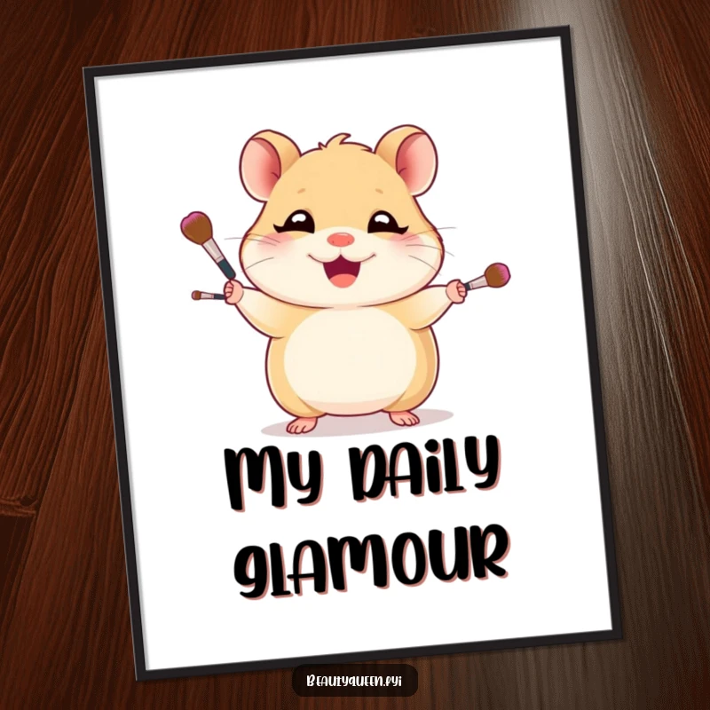 Funny poster showcasing a giggling hamster with a confident grin, skillfully juggling an assortment of tiny makeup brushes.