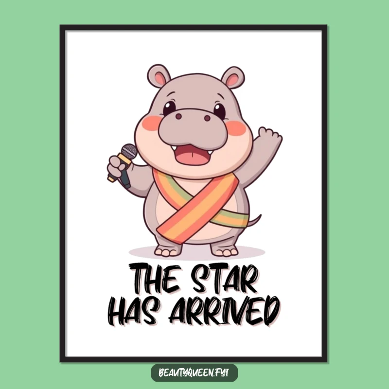 Funny Hippo Poster: Microphone Waving Star Art, Sash Detail, Whimsical Decor Gift
