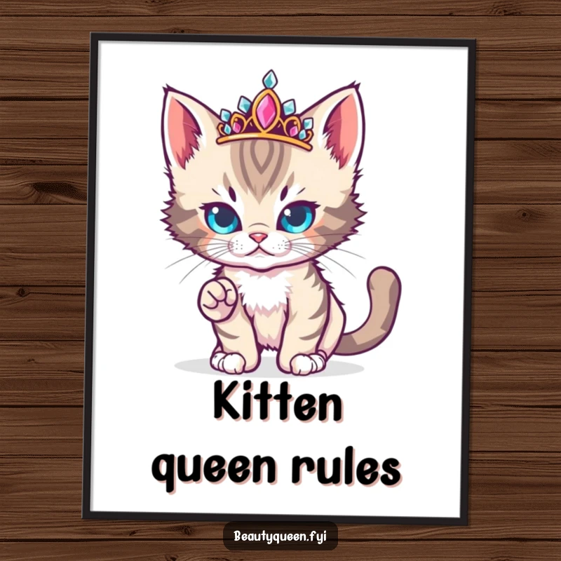 Funny cute kitten wearing a jeweled tiara strikes a fierce yet adorable runway pose, as a wall poster.