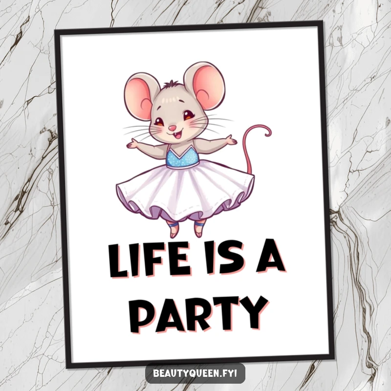 Funny mouse poster depicting a tiny mouse in a dazzling ballgown, joyfully twirling, perfect for adding whimsical charm to decor.