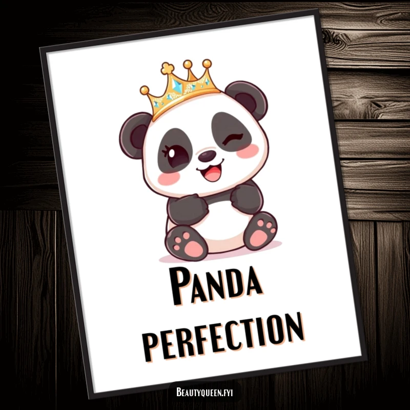 Funny Panda King Crown Poster, a panda wearing a crown winks playfully, creating humorous and cute wall art.