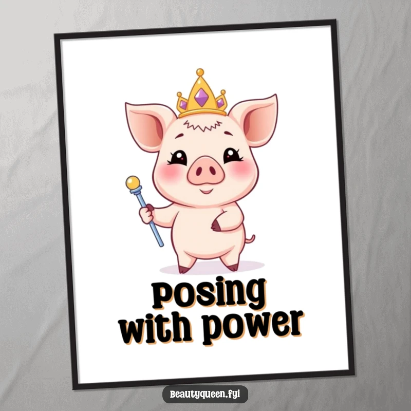 Funny piglet poster featuring a smiling piglet in a pastel tiara and scepter, posing elegantly, regal wall art.