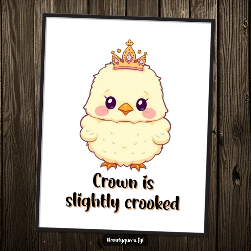 Funny Poster art of a fluffy chick wearing a tiny, glittery tiara tilted adorably on its head, exuding pure charm.