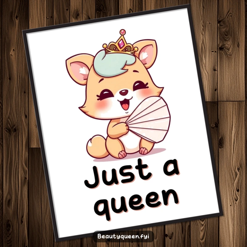 Funny poster art of a playful animal wearing a tilted tiara, giggling mischievously behind a fan, whimsical and cute.