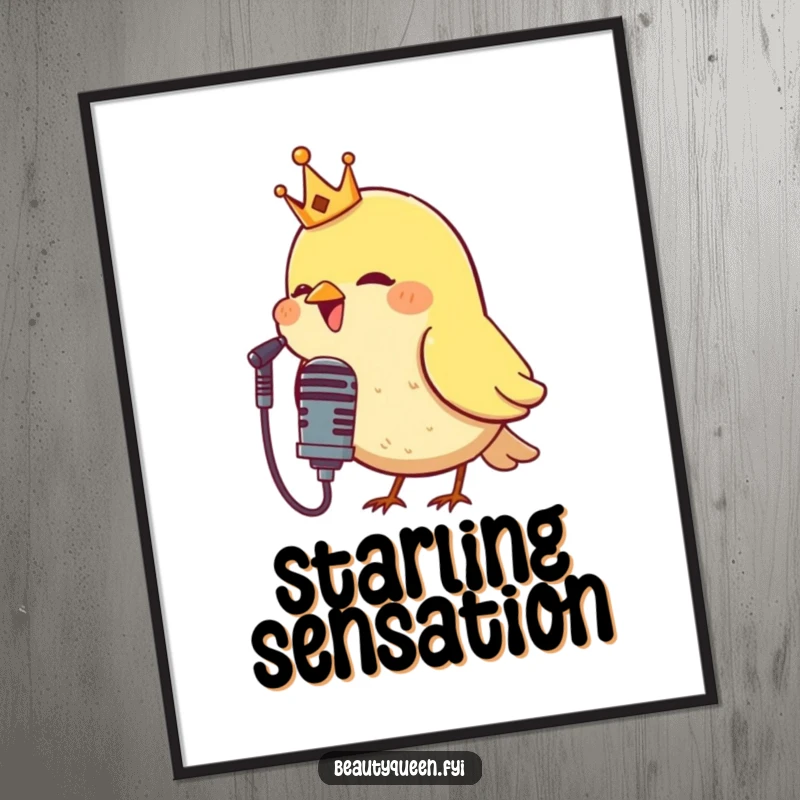 Funny poster featuring a crowned bird singing joyfully into a microphone, perfect for adding a theatrical and humorous touch to wall decor.
