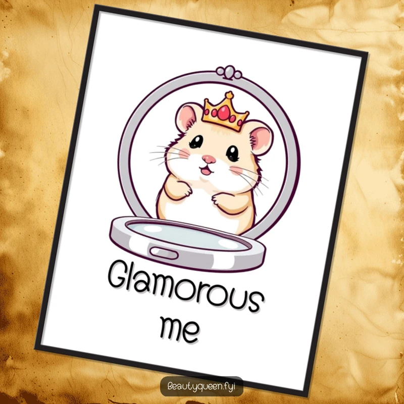 Funny poster of a cute hamster queen with a petite crown, peeking from behind a large compact mirror, embodying adorable royal vanity.