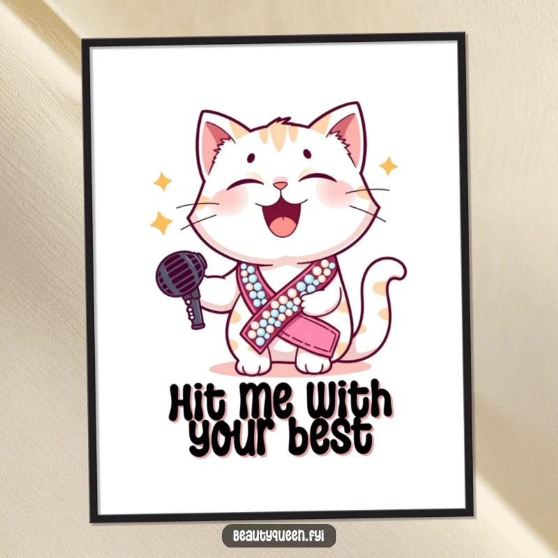 Funny cat poster depicting a giggling cat in a sequined sash, holding a microphone, ready for a hilarious stage performance, bringing joy to walls.
