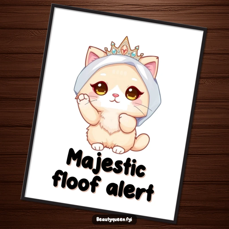 Funny Cat Bride Poster: Elegant wall art featuring a fluffy cat in a crown and veil, adjusting her attire with a paw, looking perfectly poised.