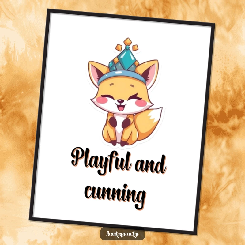 Funny happy fox in a bejeweled hat, winking playfully, as a piece of charming and humorous wall art poster.