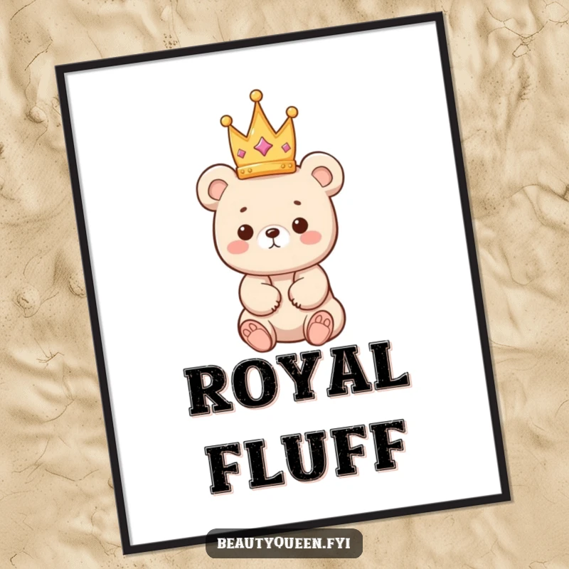 Funny bear poster of a kawaii bear cub precariously balancing a tiny crown, creating charming and adorable wall art.