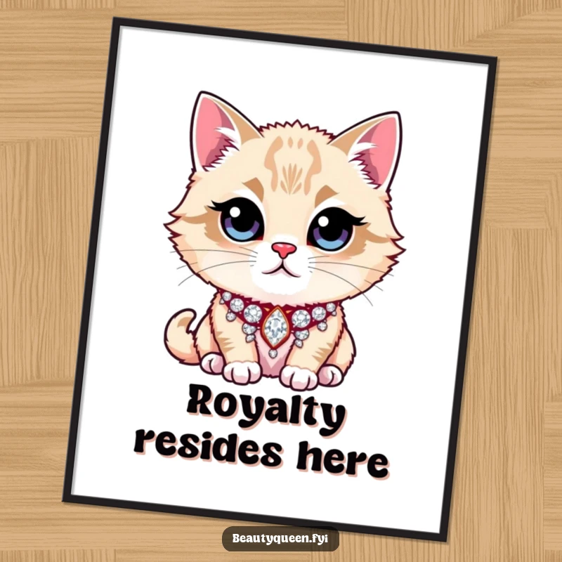 Funny Poster illustration of a majestic cat posing regally with a prominent, glittering rhinestone collar, exuding confidence and style.