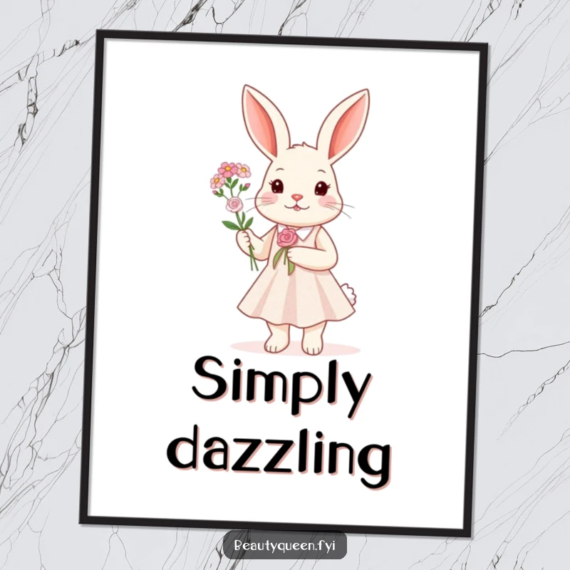 Funny Poster print of a rabbit in a sparkly dress holding a miniature bouquet of flowers, bringing whimsical humor to decor.