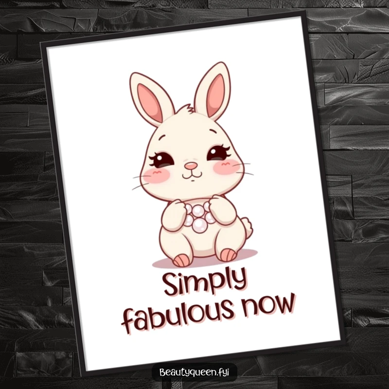 Funny bunny necklace poster, blushing rabbit artwork, adjusting pearls with shy grace, chic and humorous wall decor. A funny gift.