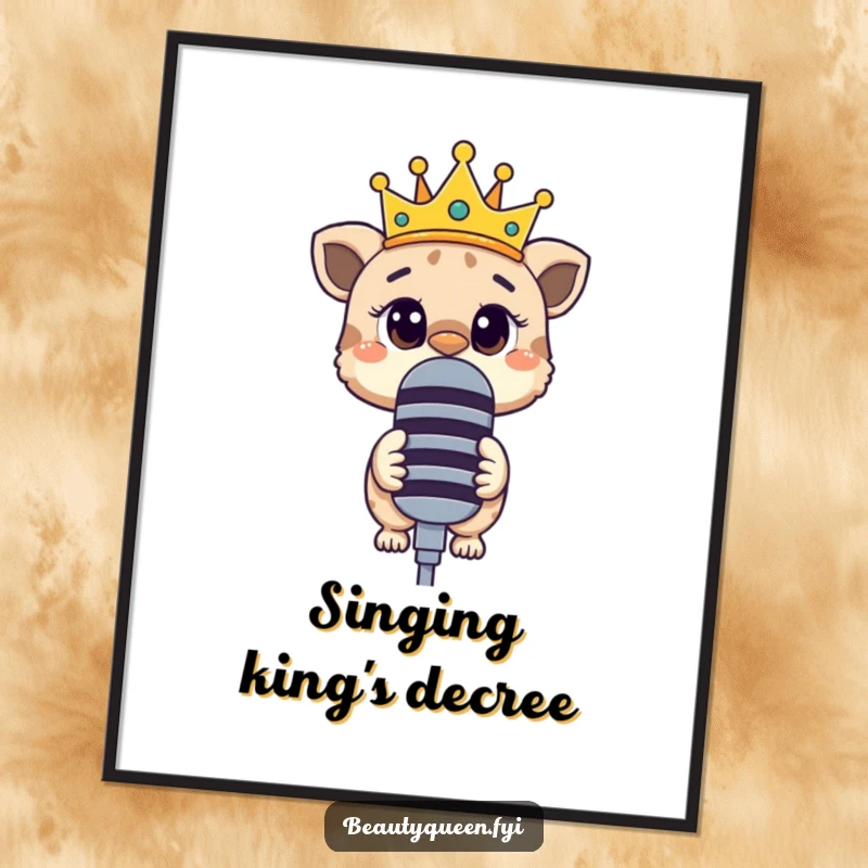Funny poster art of a curious animal wearing a crooked crown, peering intently over a large microphone.