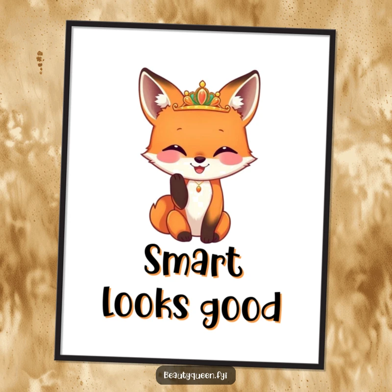 Funny fox poster depicting a happy fox carefully adjusting a tiny, gleaming diadem, perfect for adding hilarious foxy flair to decor.