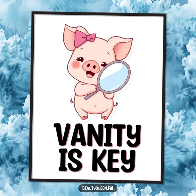 Funny cheerful piglet with a pink bow, holding a mirror and admiring its reflection, creating a whimsical and cute art poster.