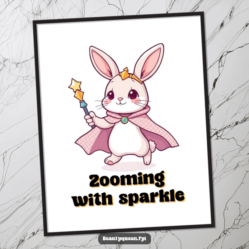 Funny bunny poster featuring a cute bunny in a glittering cape, zooming with a scepter, creating magical vibes.