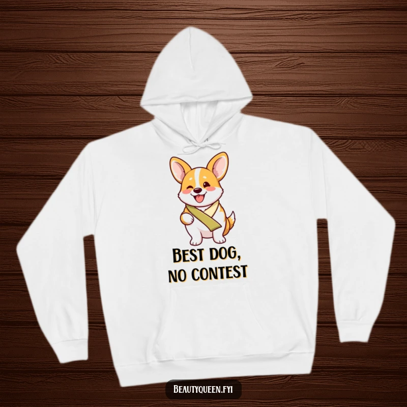 Funny proud corgi wearing a sash, beaming with excitement on a soft and warm hoodie.