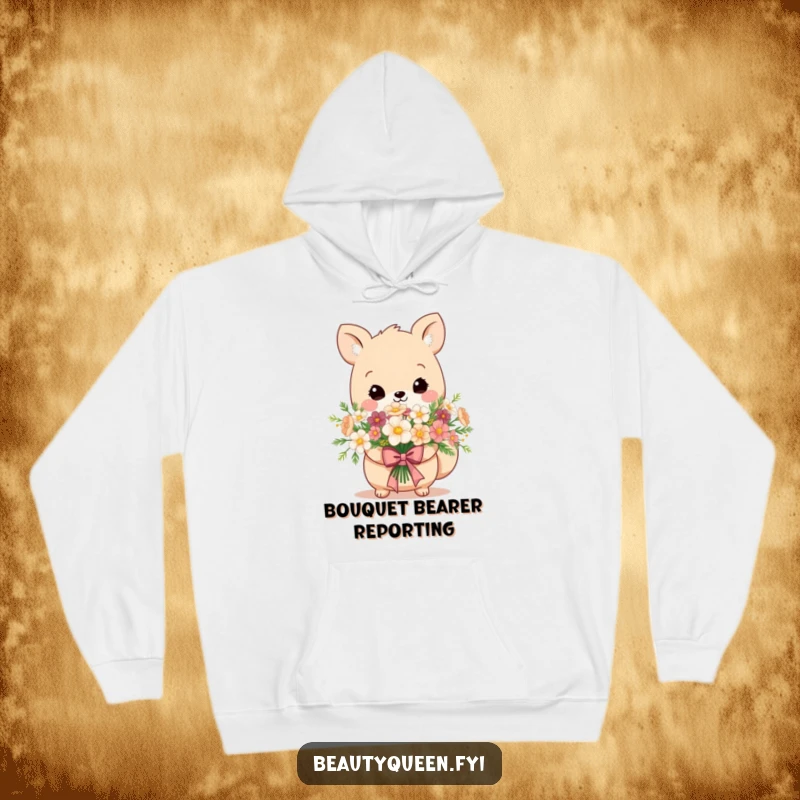 Funny hoodie depicting an adorable animal holding a bouquet of flowers, adorned with a sophisticated, regal bow.