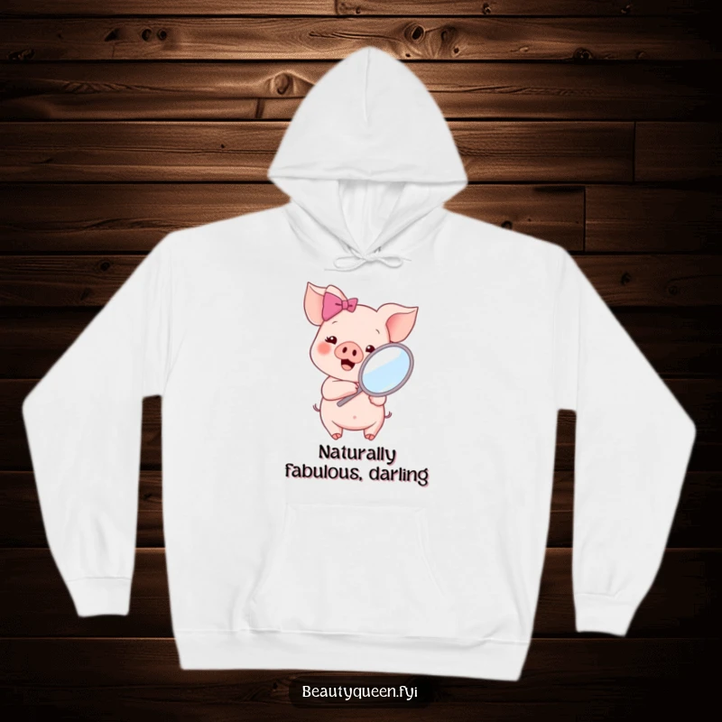Funny piglet with a pink bow holding a mirror, looking at its reflection with a cheerful and cute expression, perfect for a cozy hoodie.
