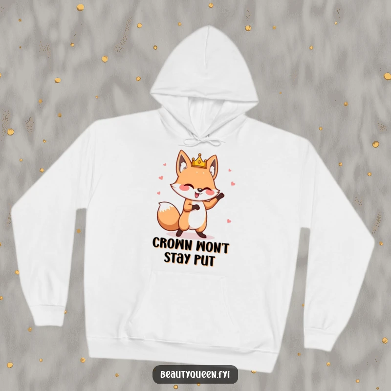 Funny fox hoodie featuring a goofy fox with a tilted crown, performing a whimsical dance, perfect for cozy, playful wear.