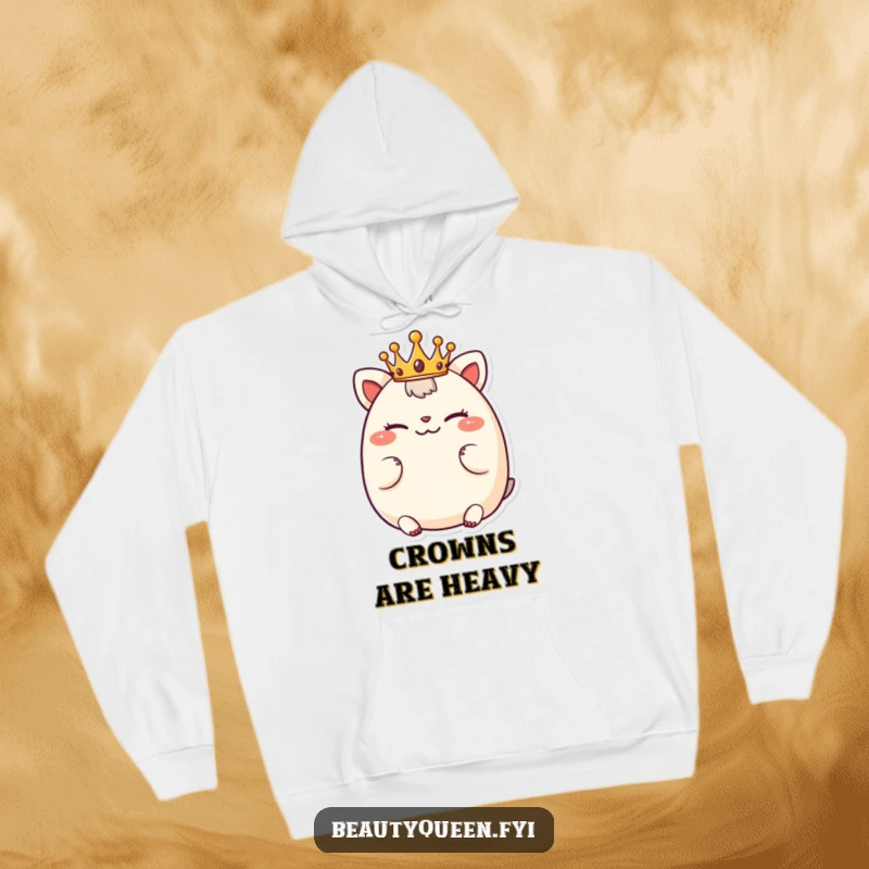 Funny hoodie depicting a chubby animal character wearing a tiny crown, winking playfully with a sweet and inviting expression.