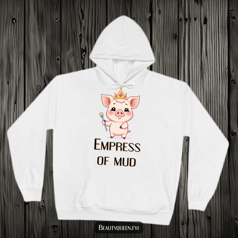 Funny piglet hoodie featuring an elegant smiling piglet in a pastel tiara and scepter, providing warmth and humor.