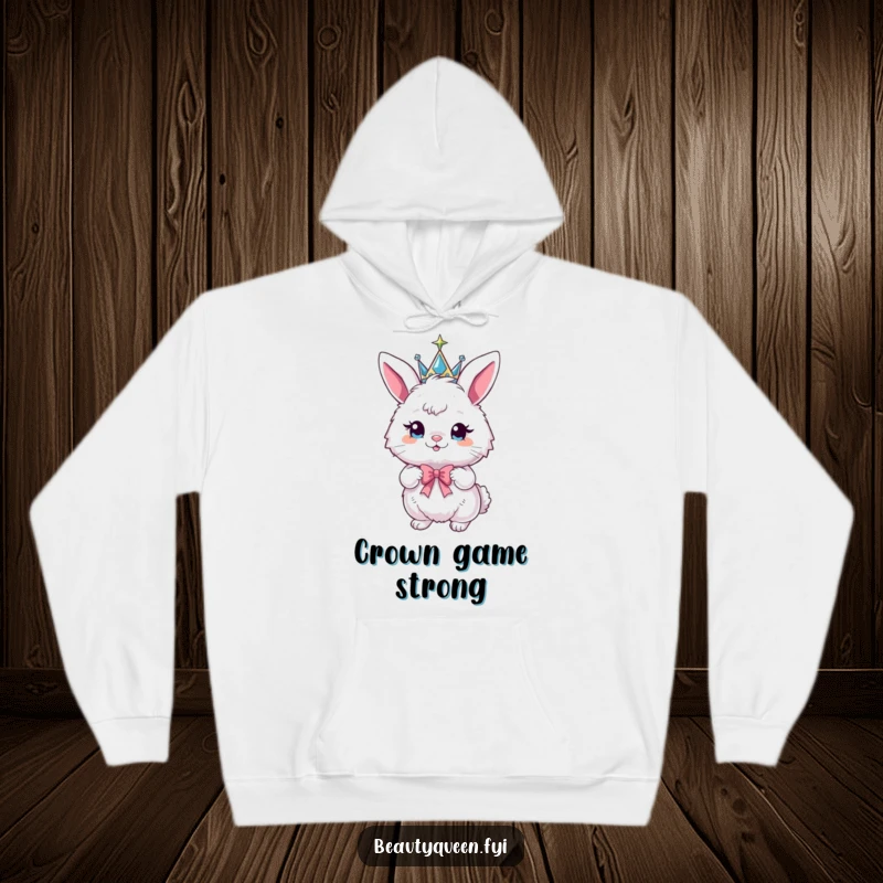 Funny bunny hoodie showing a fluffy bunny wearing a sparkly crown and posing playfully with a bow.